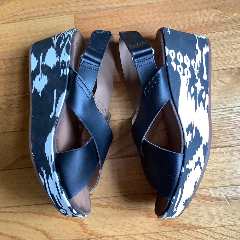 Clarks Collection Leather Wedge Sandals - Stasha Hale Black White SZ 9 - Picture 4 of 14